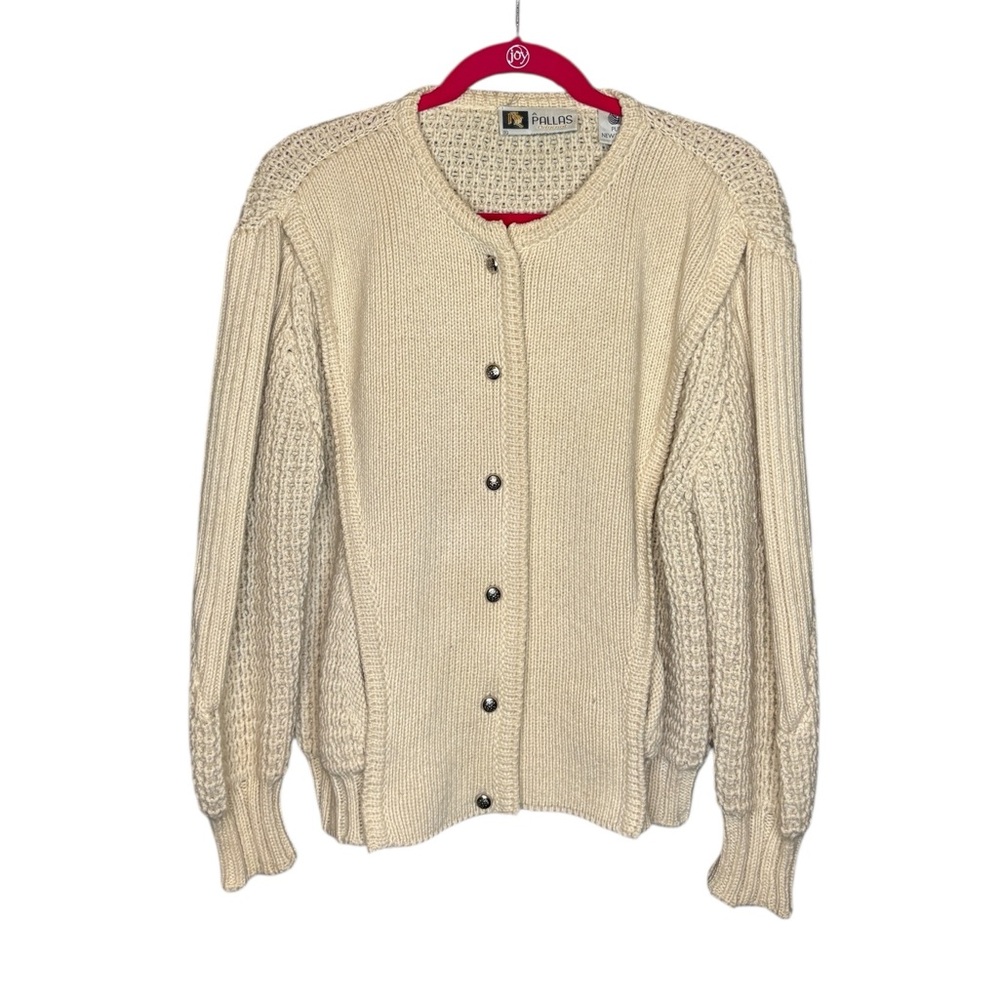 Vintage Pallas Irish Wool Fisherman Sweater Cardigan‎ Women’s XL XXL Cream Knit